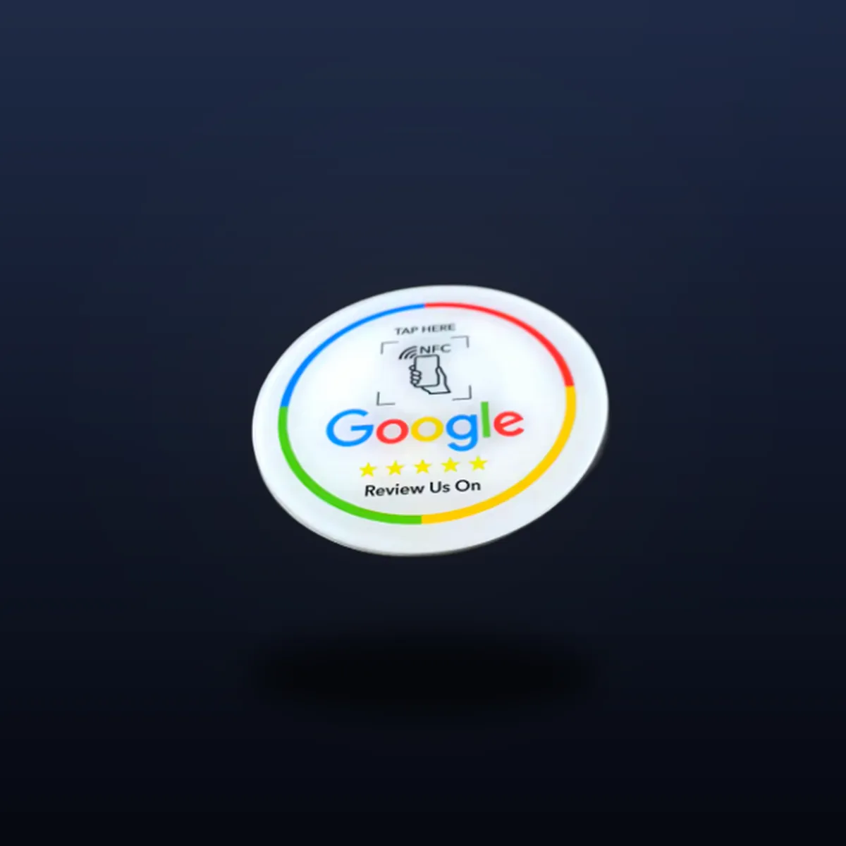 Círculo adhesivo blanco TapStars con icono NFC y logo de Google