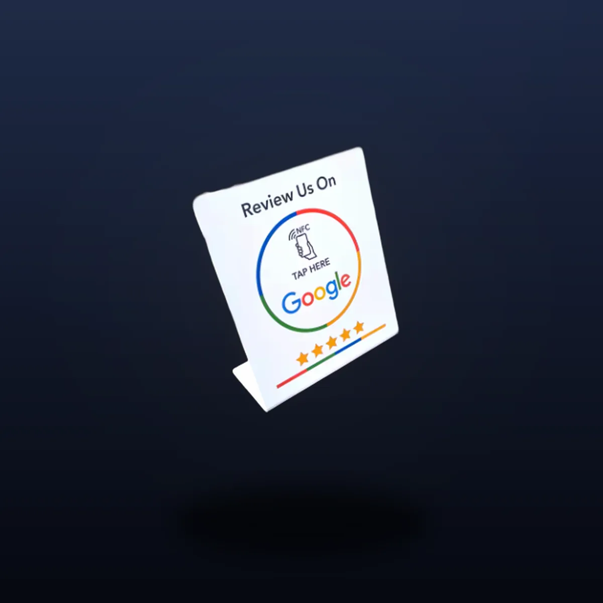 Tarjeta de sobremesa blanca TapStars con icono NFC y logo de Google